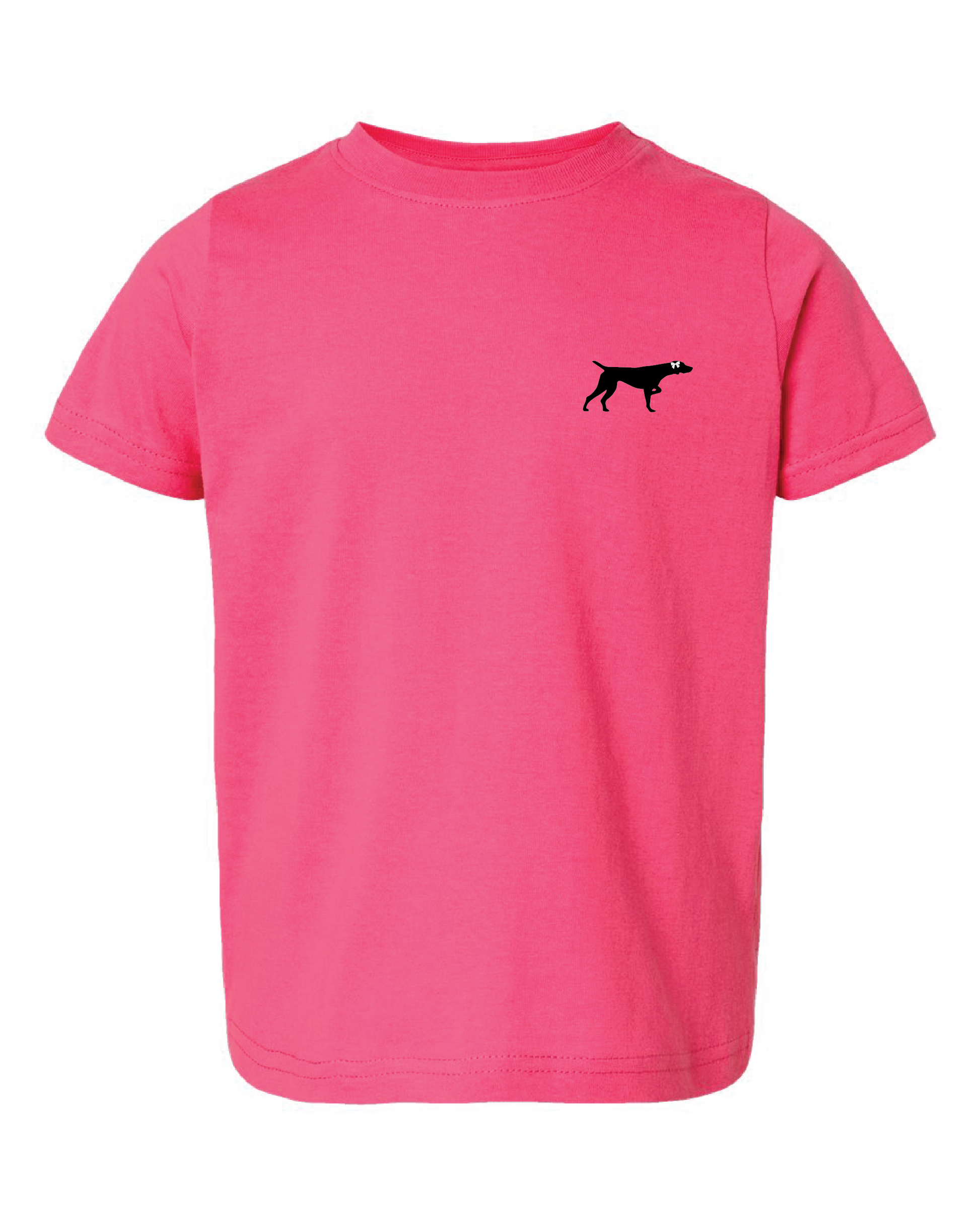 Girls hot pink tee, Front view logo black dog with white bow