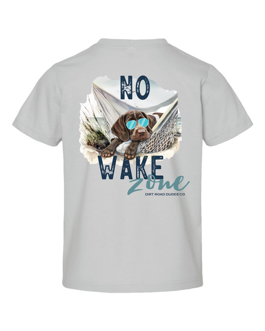 Silver tee back view No Wake Zone Kids Tee features a laid-back Lab dog in a hammock
