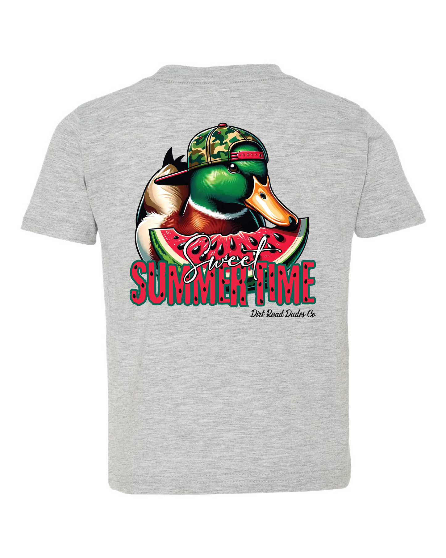 Sweet Summertime Duck Tee back view features a  duck enjoying a watermelon 